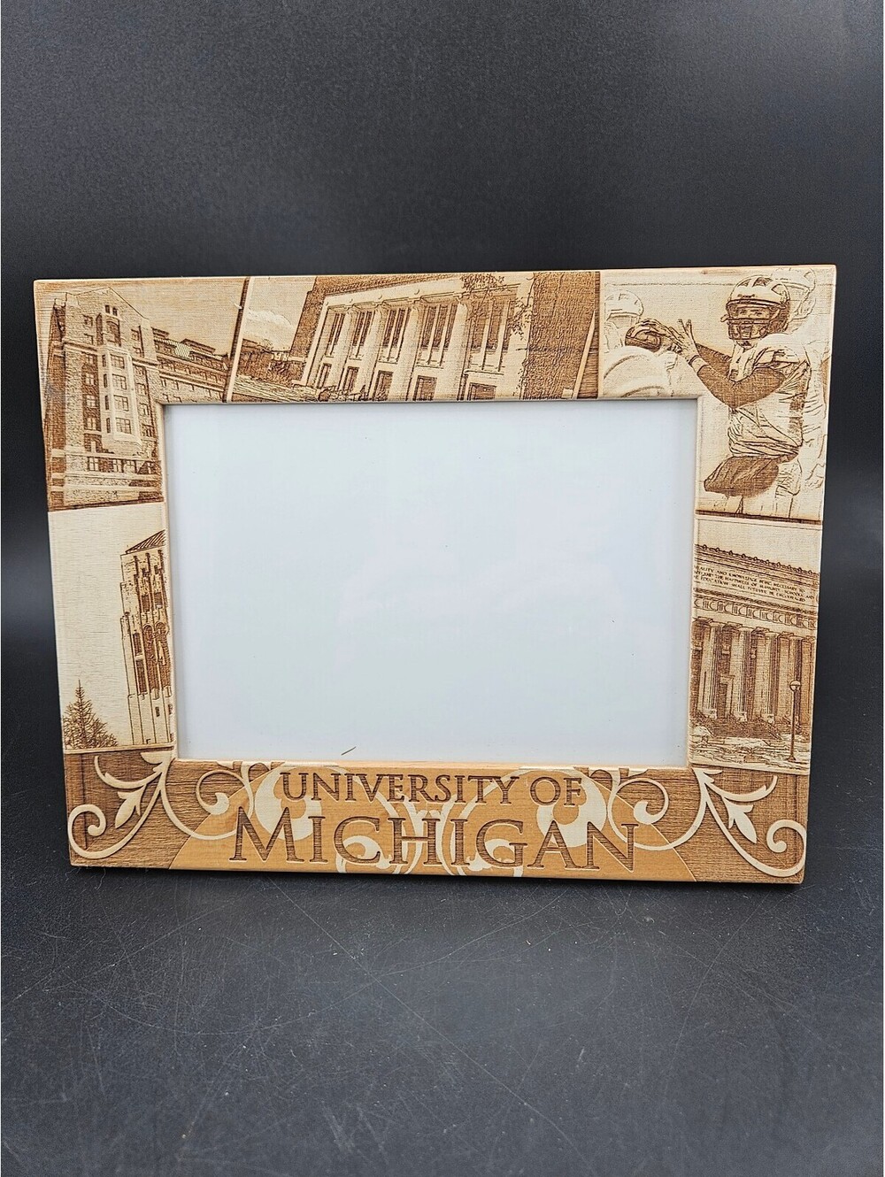 University of Michigan Wooden Photo Frame with Campus and Football Engraved 9x7"